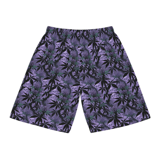 Purple Cannabis Leaf All-Over Print Basketball Shorts — Floral Stoner Pattern