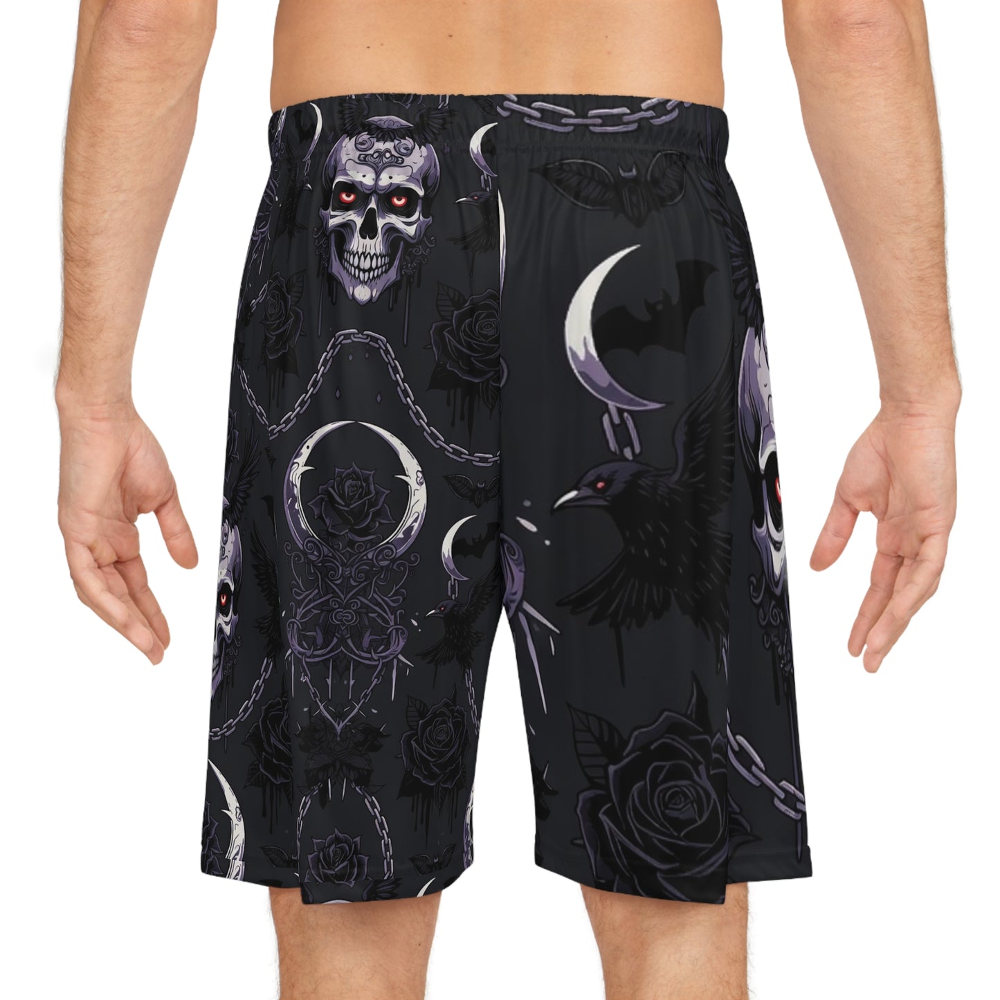 Goth Skull Moon Basketball Shorts - All-Over Print