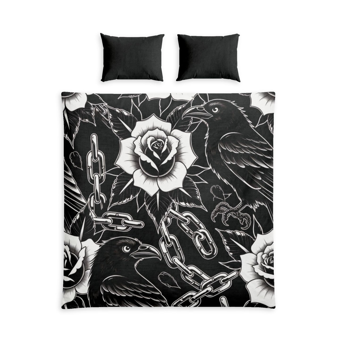 Gothic Raven & Rose Cotton Bed Set — Black White Floral Chains Duvet