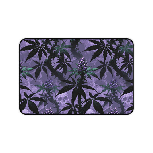 Purple Cannabis Leaf Desk Mat — Gothic Skull & Bud Gaming Mouse Pad
