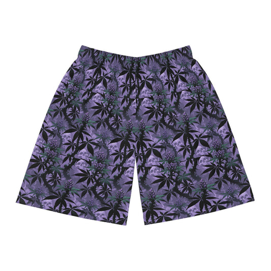 Purple Cannabis Leaf All-Over Print Basketball Shorts — Floral Stoner Pattern