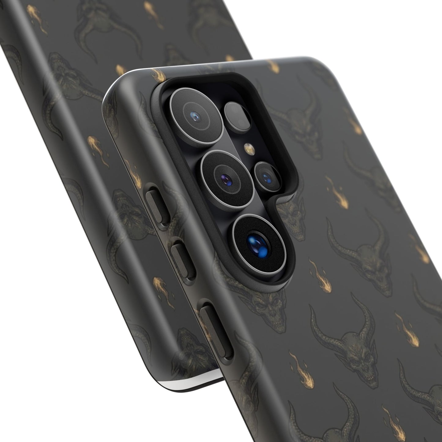 Dark Skull Pattern Phone Case — Gothic Bull Skull with Tiny Flame Accent
