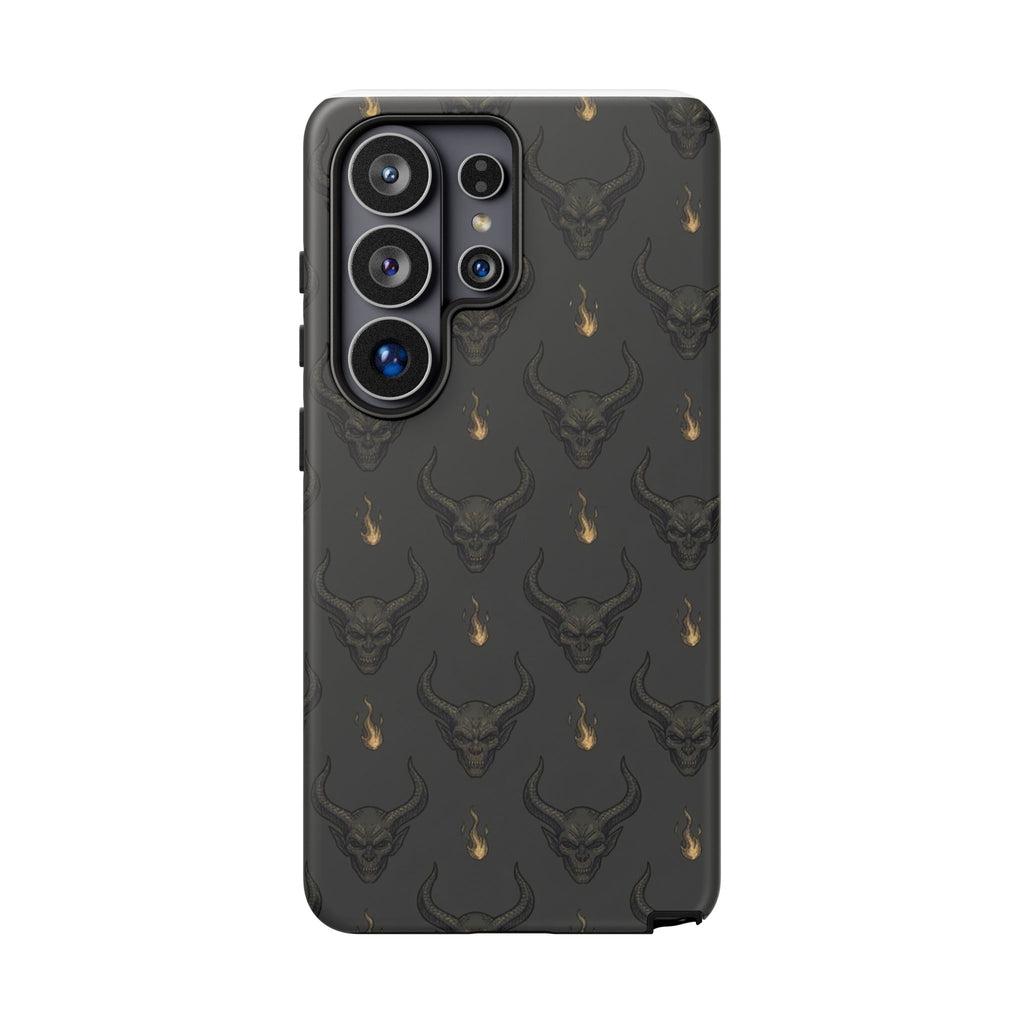 Dark Skull Pattern Phone Case — Gothic Bull Skull with Tiny Flame Accent