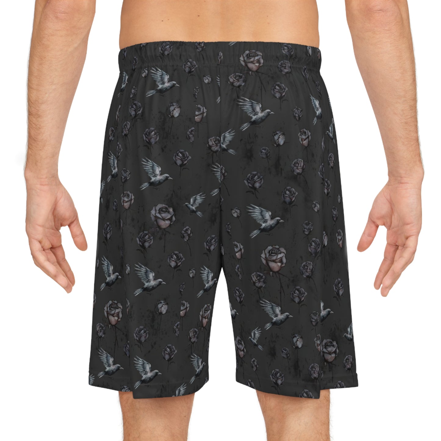 Birds & Roses Basketball Shorts — Dark Floral All-Over Print