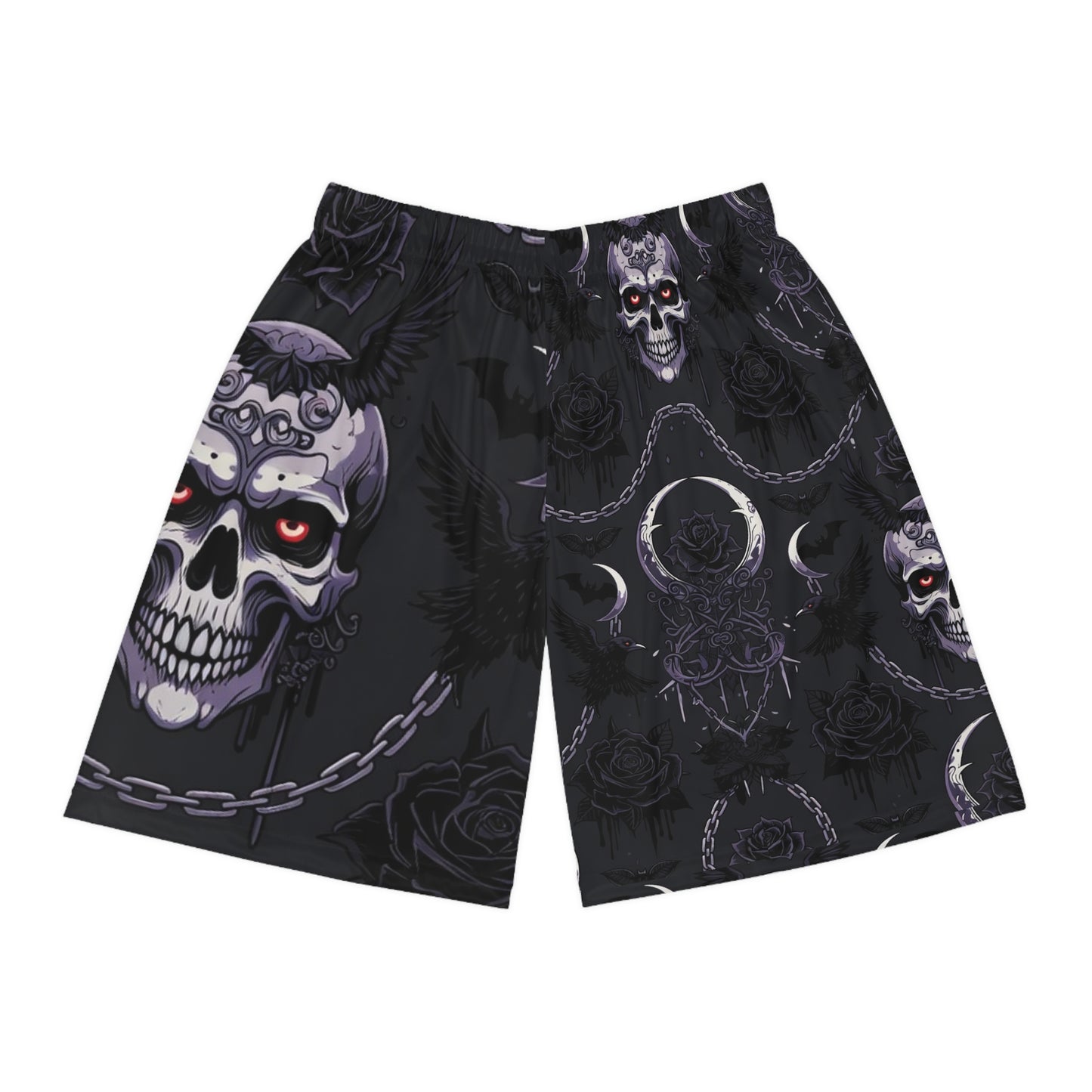 Goth Skull Moon Basketball Shorts - All-Over Print