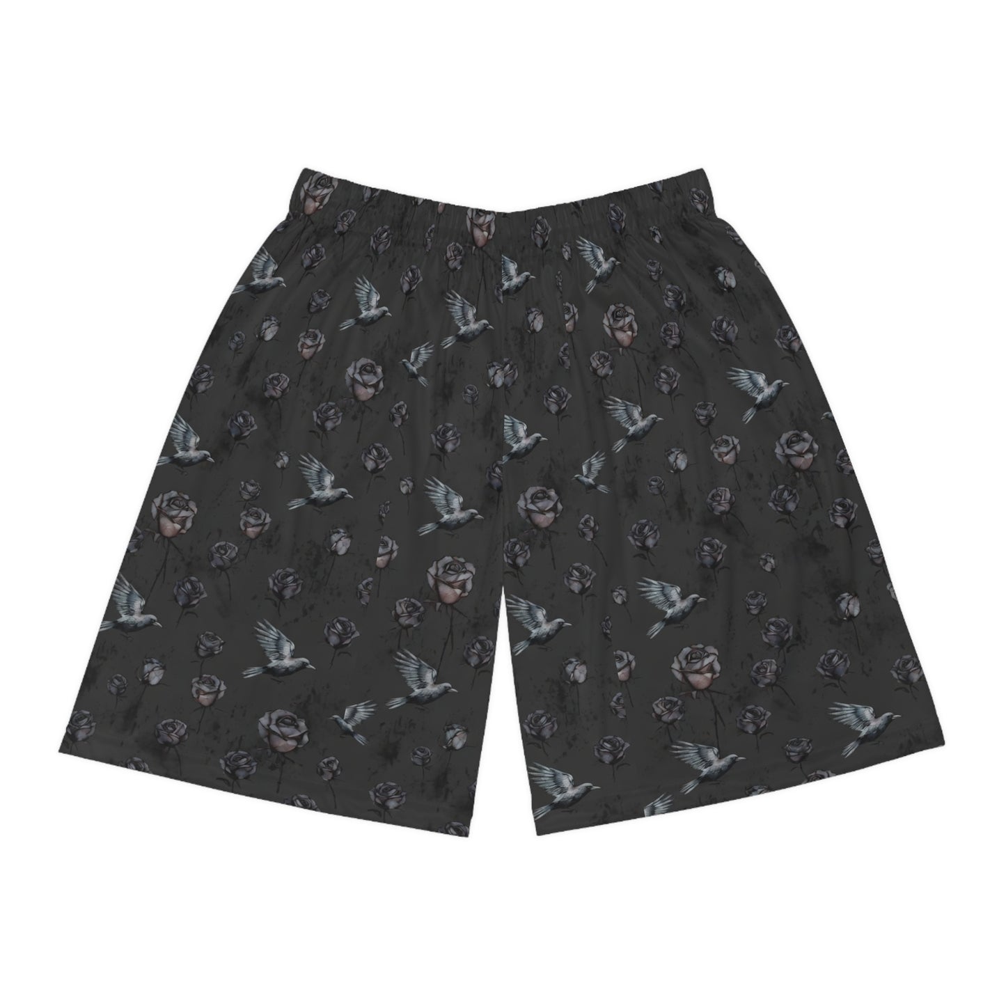 Birds & Roses Basketball Shorts — Dark Floral All-Over Print