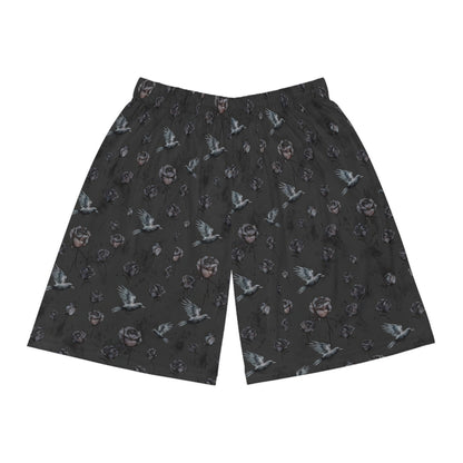 Birds & Roses Basketball Shorts — Dark Floral All-Over Print