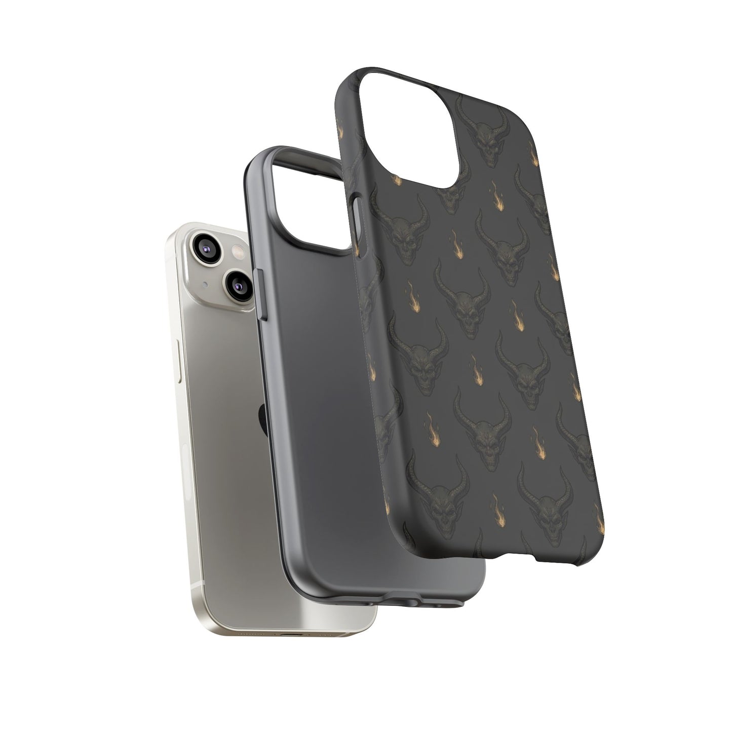 Dark Skull Pattern Phone Case — Gothic Bull Skull with Tiny Flame Accent