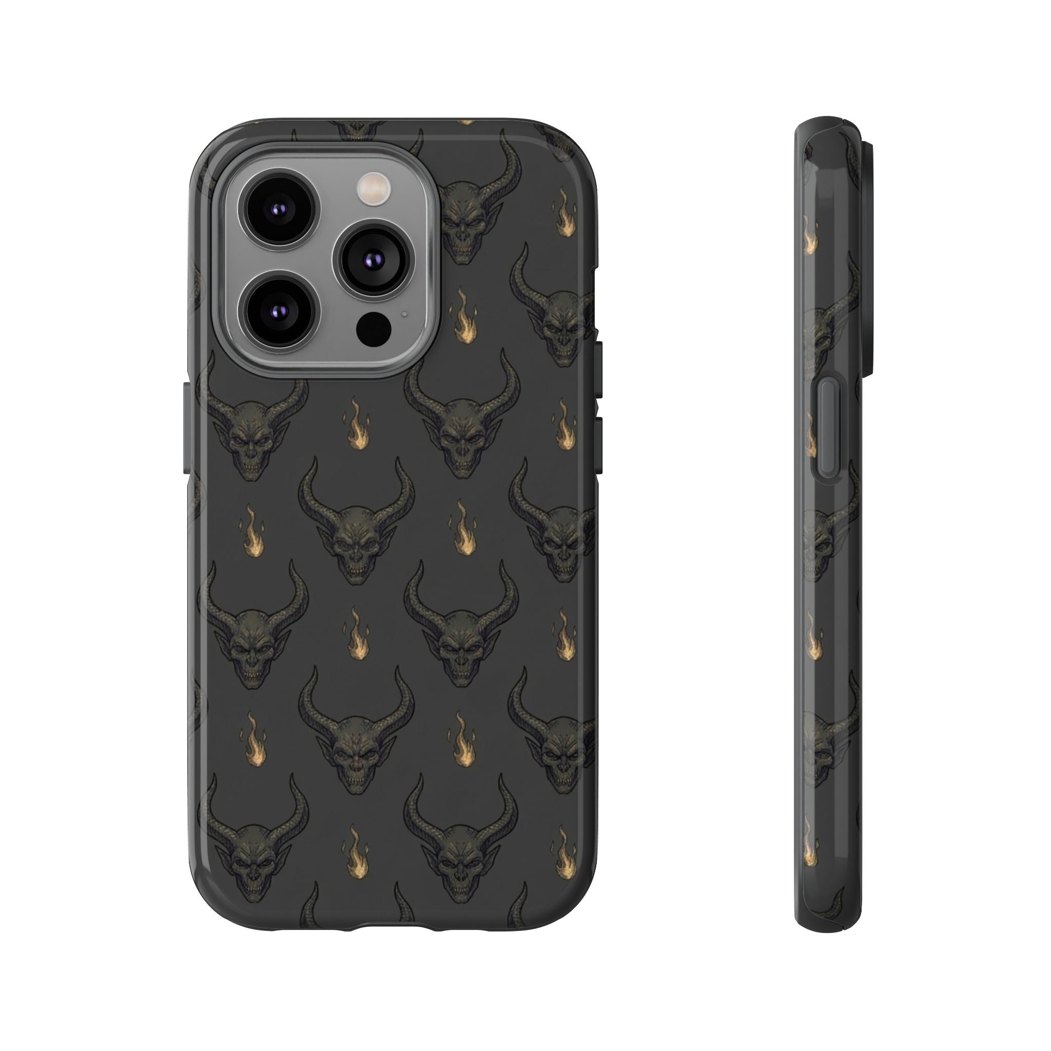 Dark Skull Pattern Phone Case — Gothic Bull Skull with Tiny Flame Accent