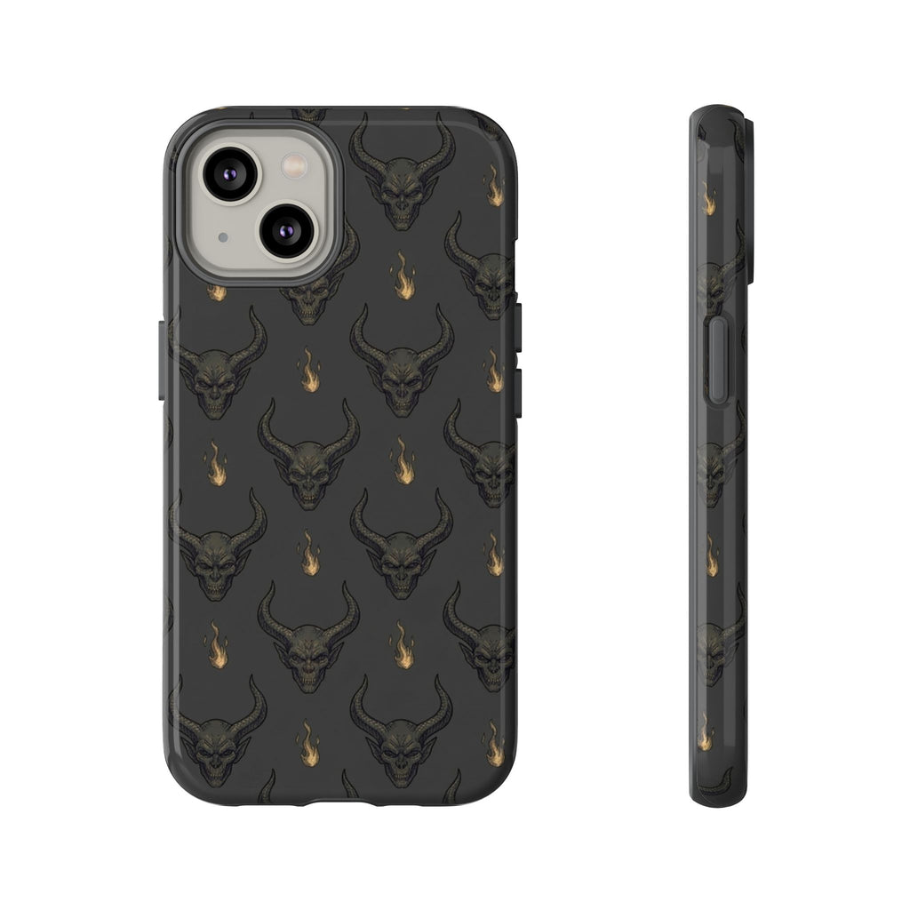Dark Skull Pattern Phone Case — Gothic Bull Skull with Tiny Flame Accent