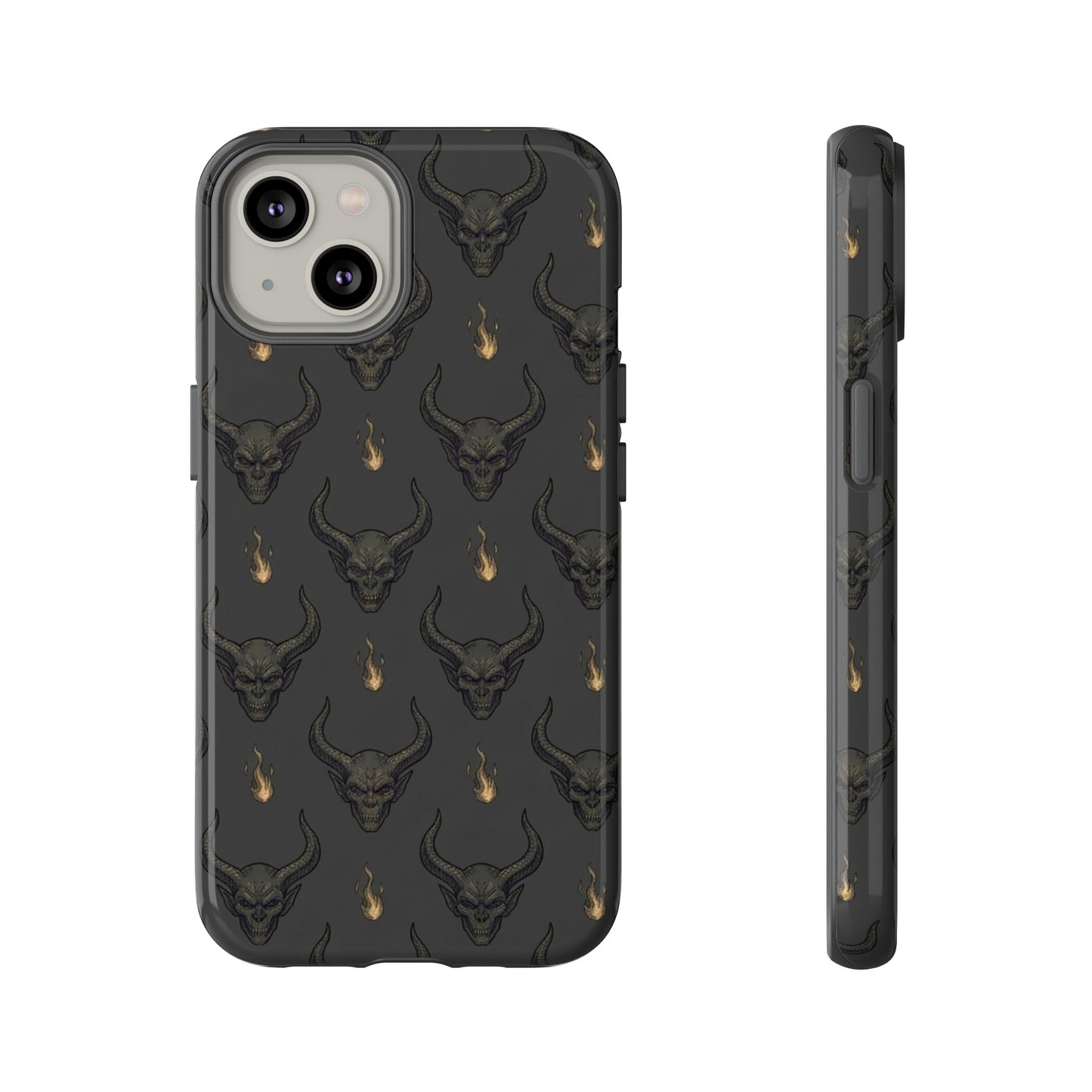 Dark Skull Pattern Phone Case — Gothic Bull Skull with Tiny Flame Accent