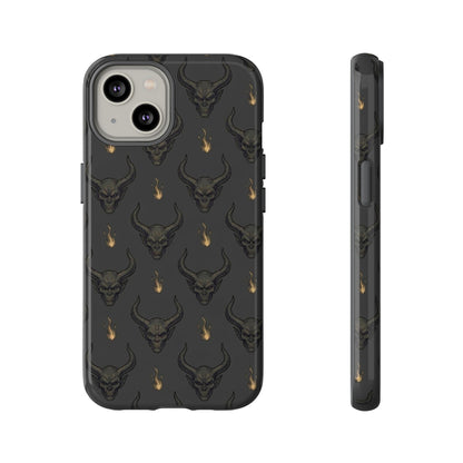Dark Skull Pattern Phone Case — Gothic Bull Skull with Tiny Flame Accent