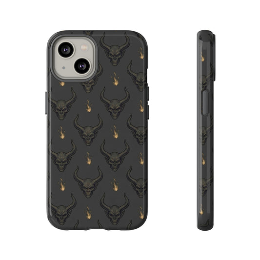 Dark Skull Pattern Phone Case — Gothic Bull Skull with Tiny Flame Accent