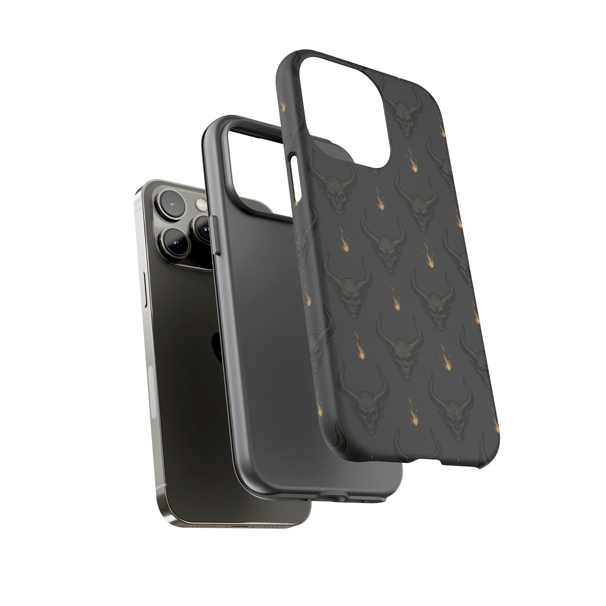 Dark Skull Pattern Phone Case — Gothic Bull Skull with Tiny Flame Accent