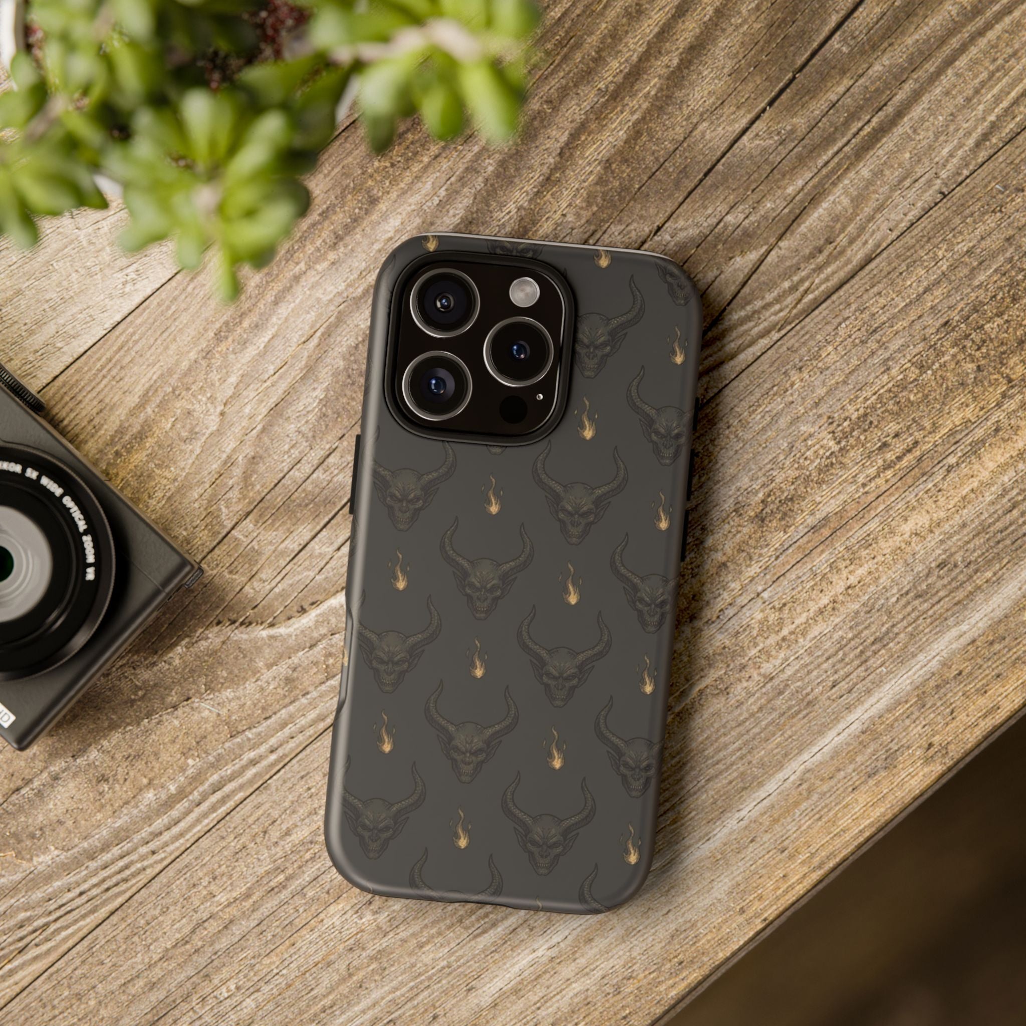 Dark Skull Pattern Phone Case — Gothic Bull Skull with Tiny Flame Accent