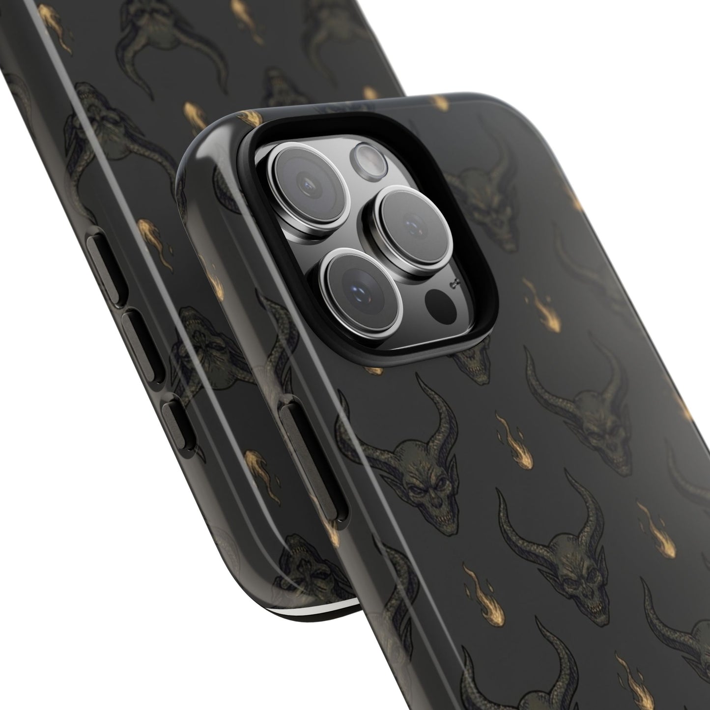 Dark Skull Pattern Phone Case — Gothic Bull Skull with Tiny Flame Accent