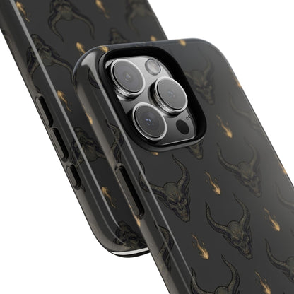 Dark Skull Pattern Phone Case — Gothic Bull Skull with Tiny Flame Accent