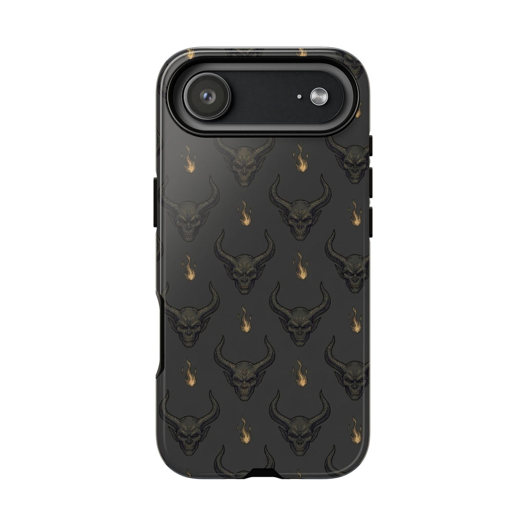 Dark Skull Pattern Phone Case — Gothic Bull Skull with Tiny Flame Accent