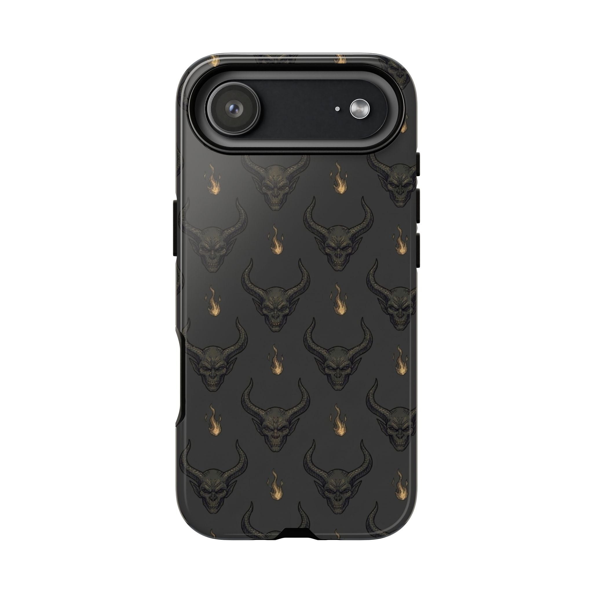 Dark Skull Pattern Phone Case — Gothic Bull Skull with Tiny Flame Accent