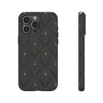 Dark Skull Pattern Phone Case — Gothic Bull Skull with Tiny Flame Accent