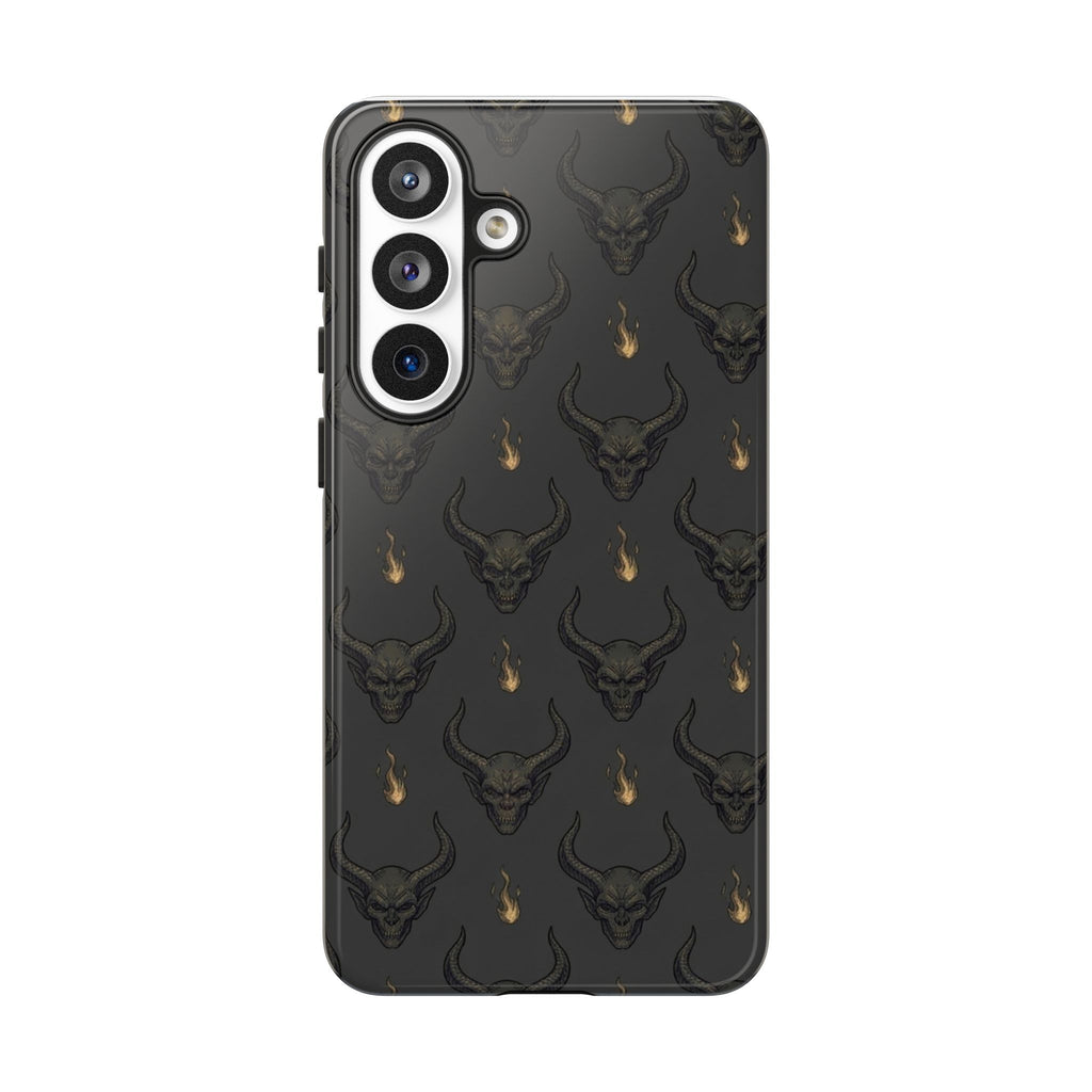 Dark Skull Pattern Phone Case — Gothic Bull Skull with Tiny Flame Accent
