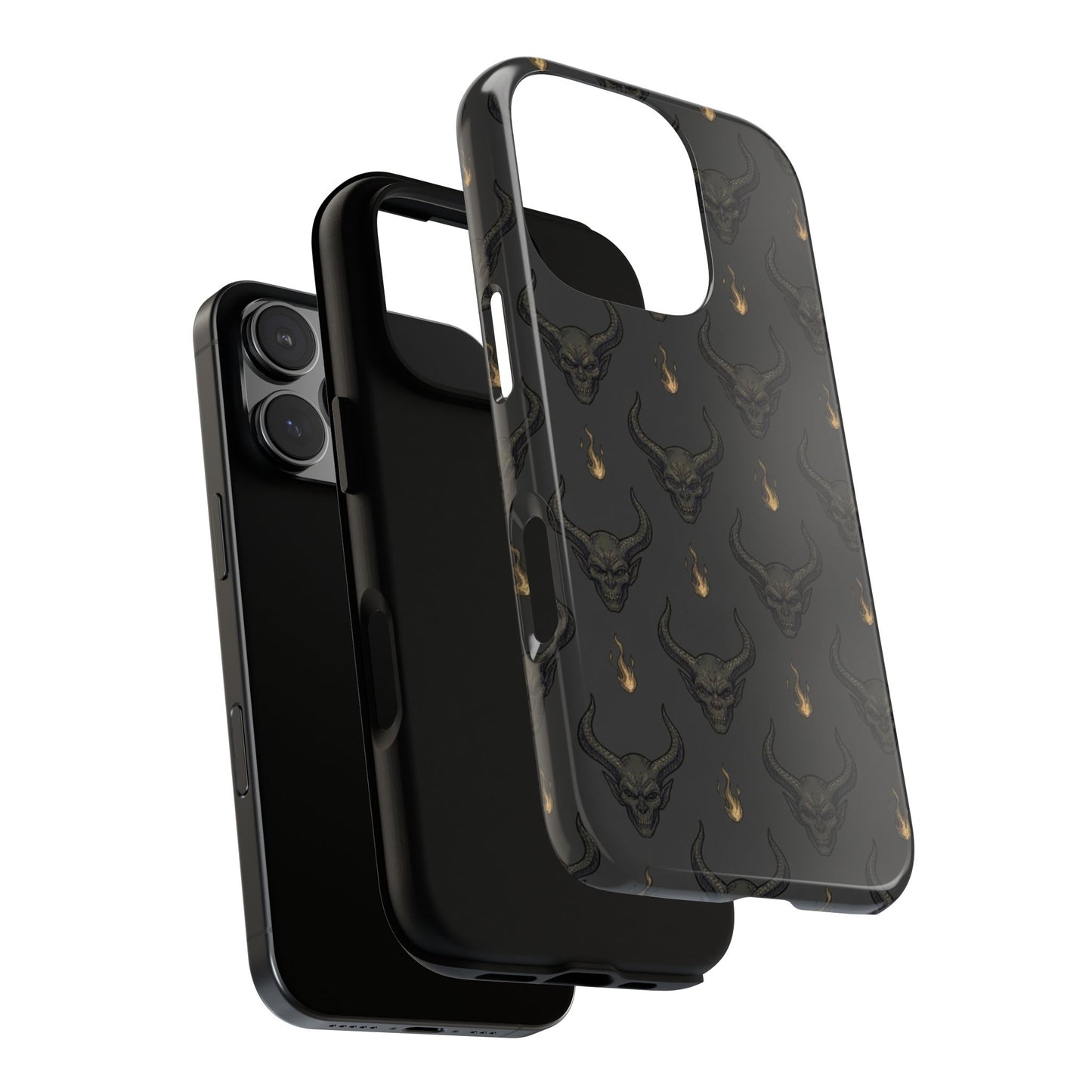 Dark Skull Pattern Phone Case — Gothic Bull Skull with Tiny Flame Accent