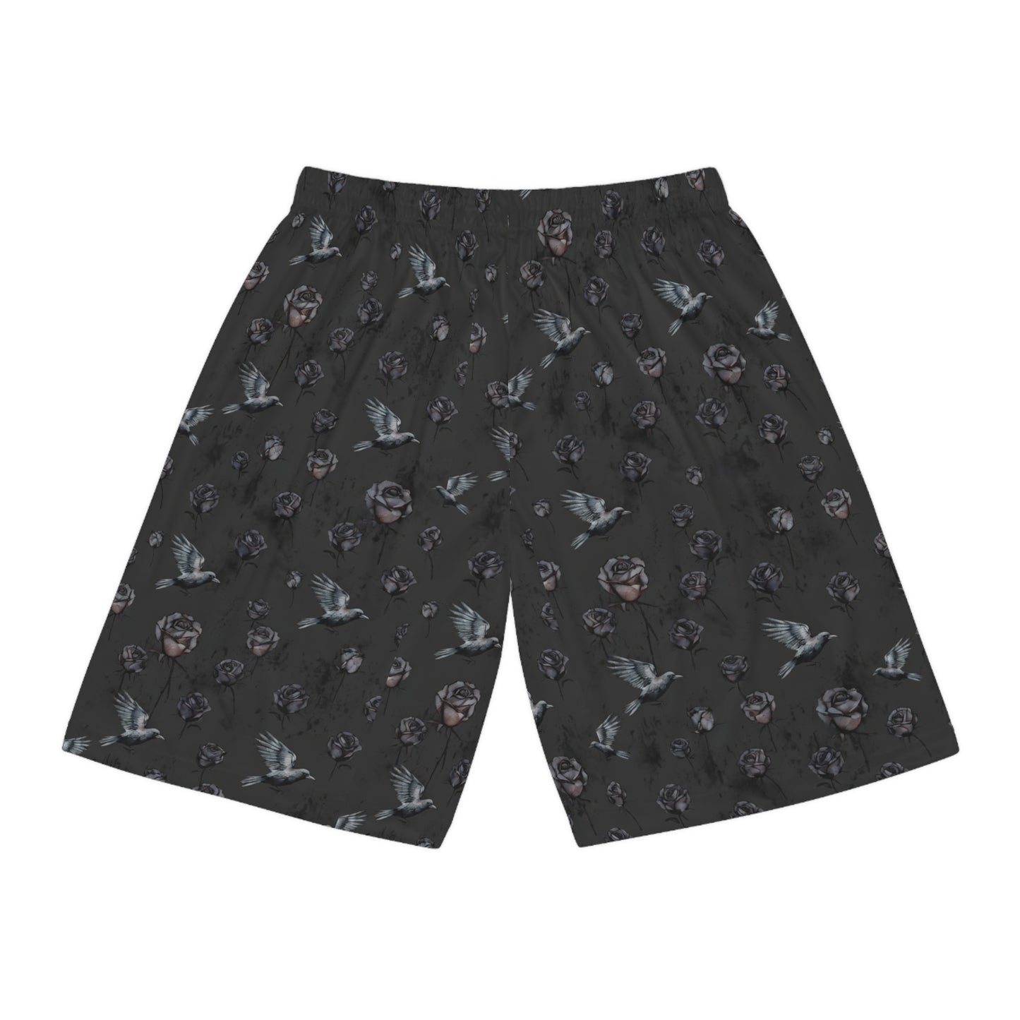 Birds & Roses Basketball Shorts — Dark Floral All-Over Print