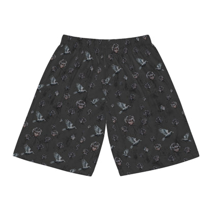 Birds & Roses Basketball Shorts — Dark Floral All-Over Print