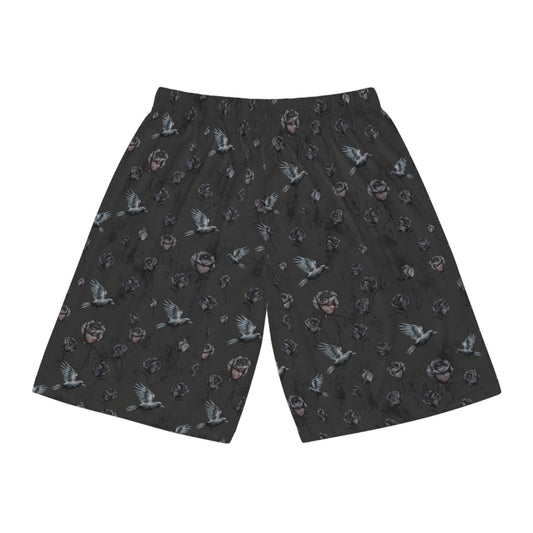 Birds & Roses Basketball Shorts — Dark Floral All-Over Print