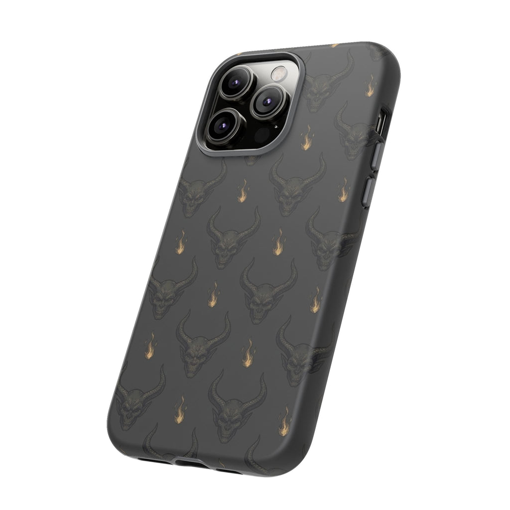 Dark Skull Pattern Phone Case — Gothic Bull Skull with Tiny Flame Accent