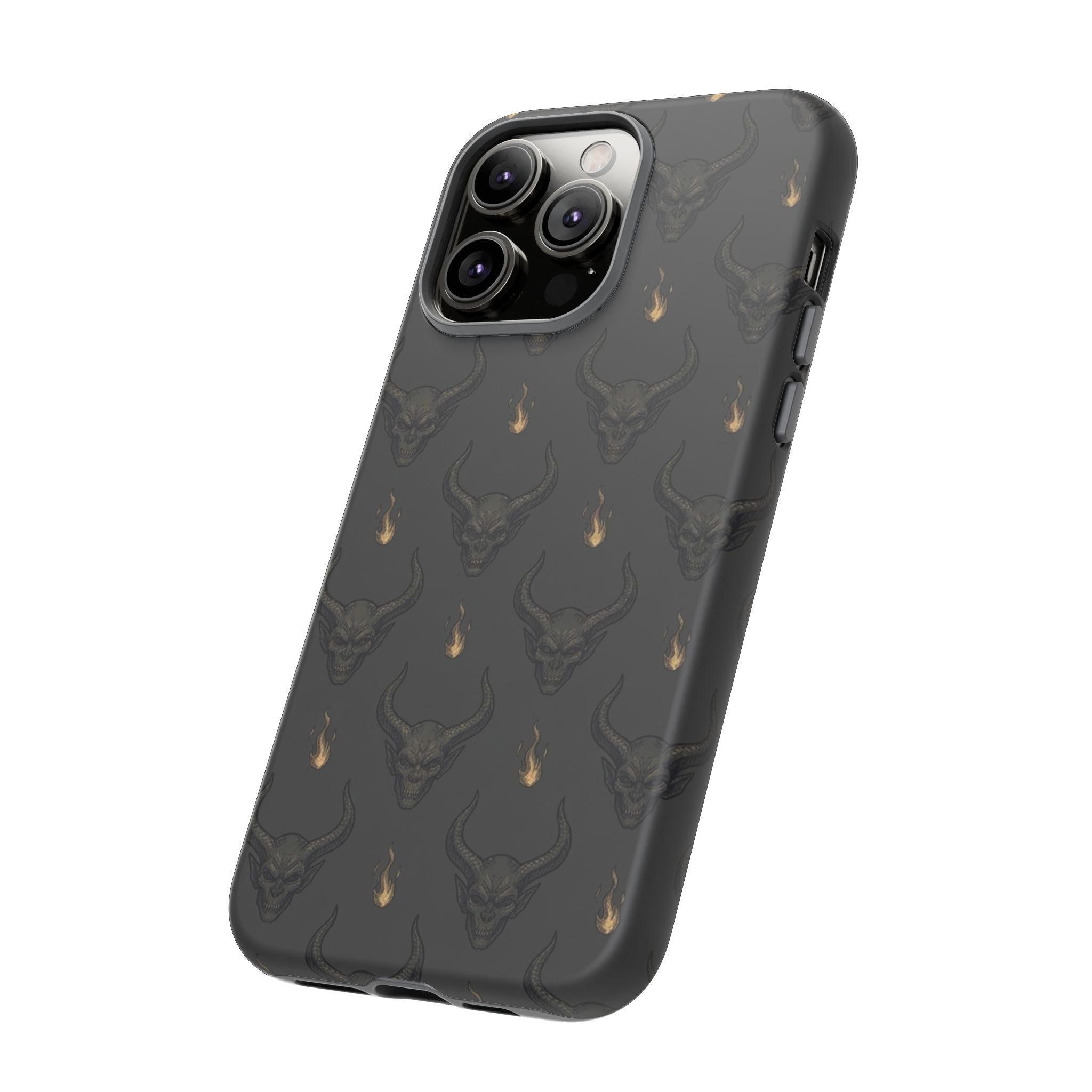 Dark Skull Pattern Phone Case — Gothic Bull Skull with Tiny Flame Accent