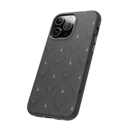Dark Skull Pattern Phone Case — Gothic Bull Skull with Tiny Flame Accent