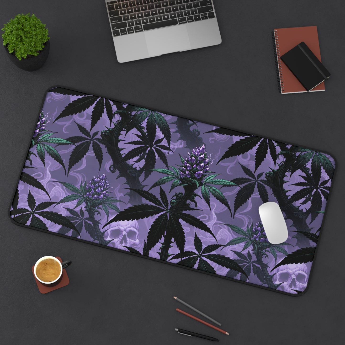 Purple Cannabis Leaf Desk Mat — Gothic Skull & Bud Gaming Mouse Pad