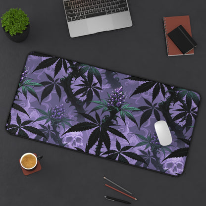 Purple Cannabis Leaf Desk Mat — Gothic Skull & Bud Gaming Mouse Pad