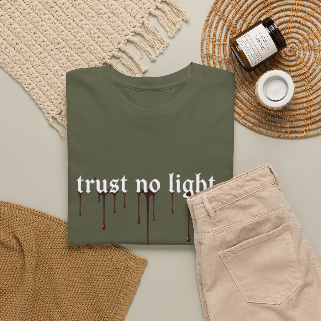 Trust No Light Snake Graphic Tee — Gothic Black T-Shirt with Dripping Text