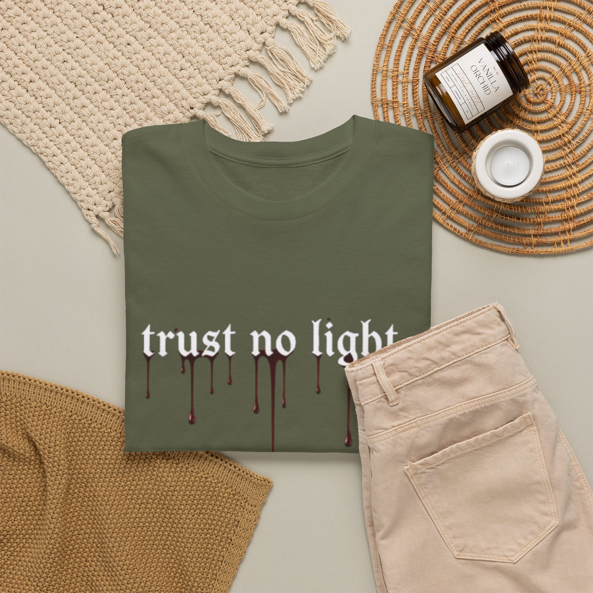 Trust No Light Snake Graphic Tee — Gothic Black T-Shirt with Dripping Text