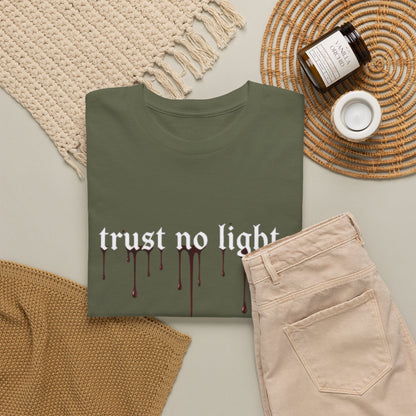 Trust No Light Snake Graphic Tee — Gothic Black T-Shirt with Dripping Text