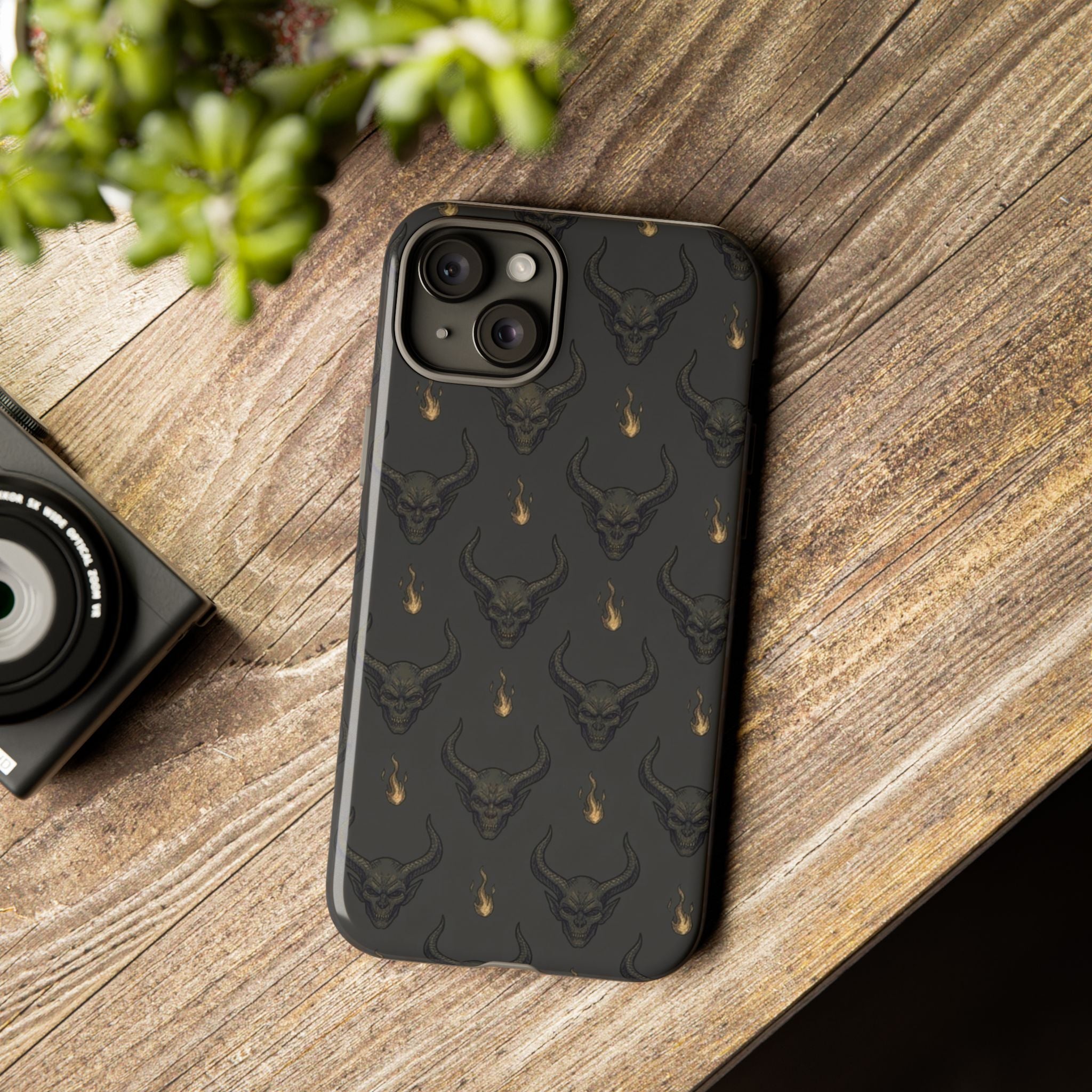 Dark Skull Pattern Phone Case — Gothic Bull Skull with Tiny Flame Accent