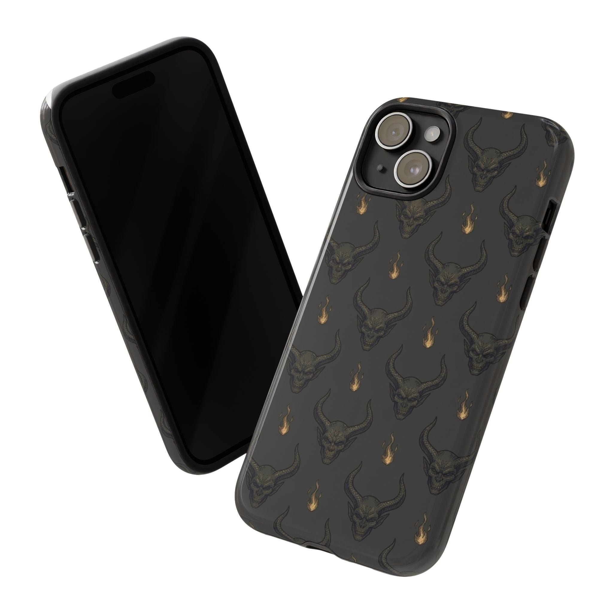 Dark Skull Pattern Phone Case — Gothic Bull Skull with Tiny Flame Accent