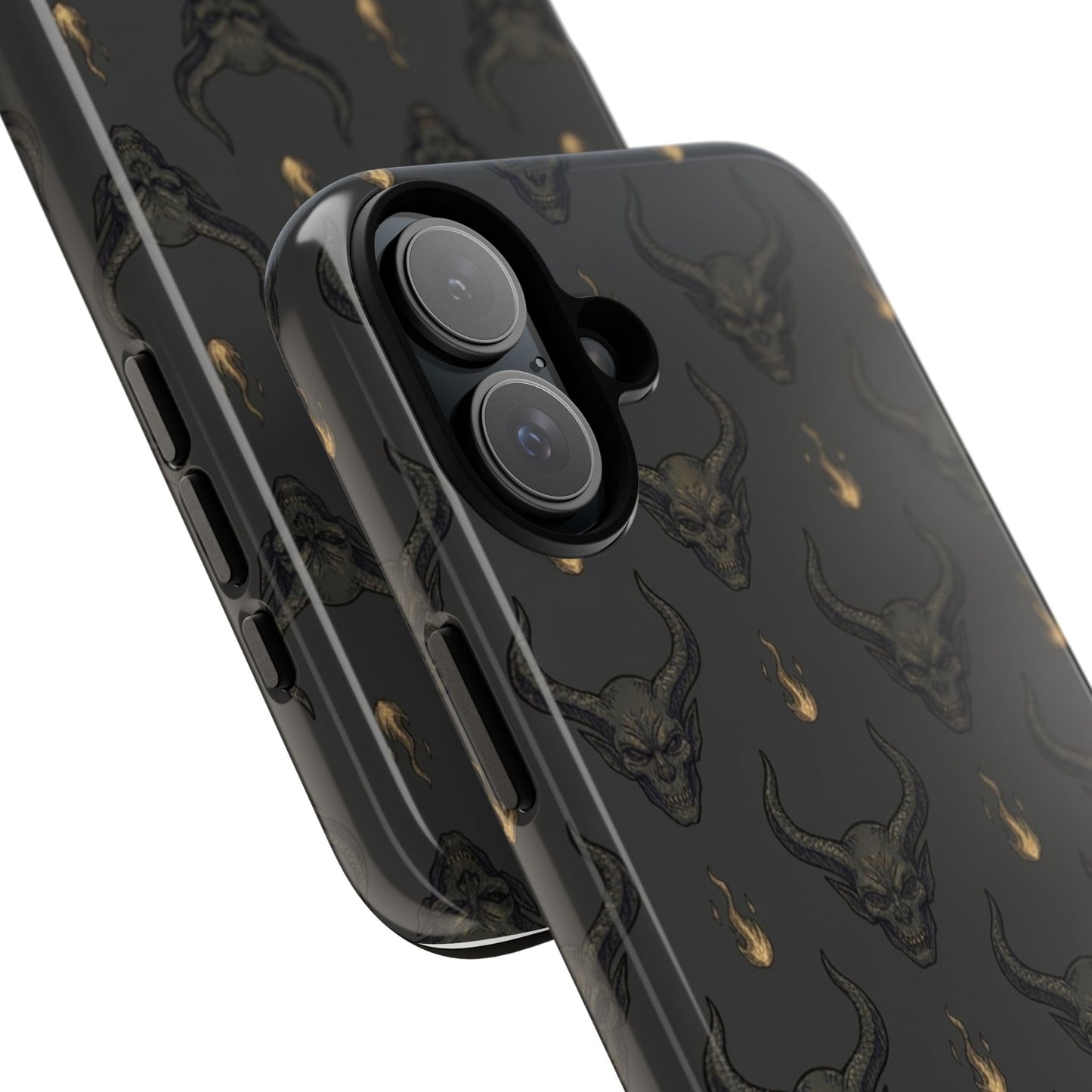 Dark Skull Pattern Phone Case — Gothic Bull Skull with Tiny Flame Accent