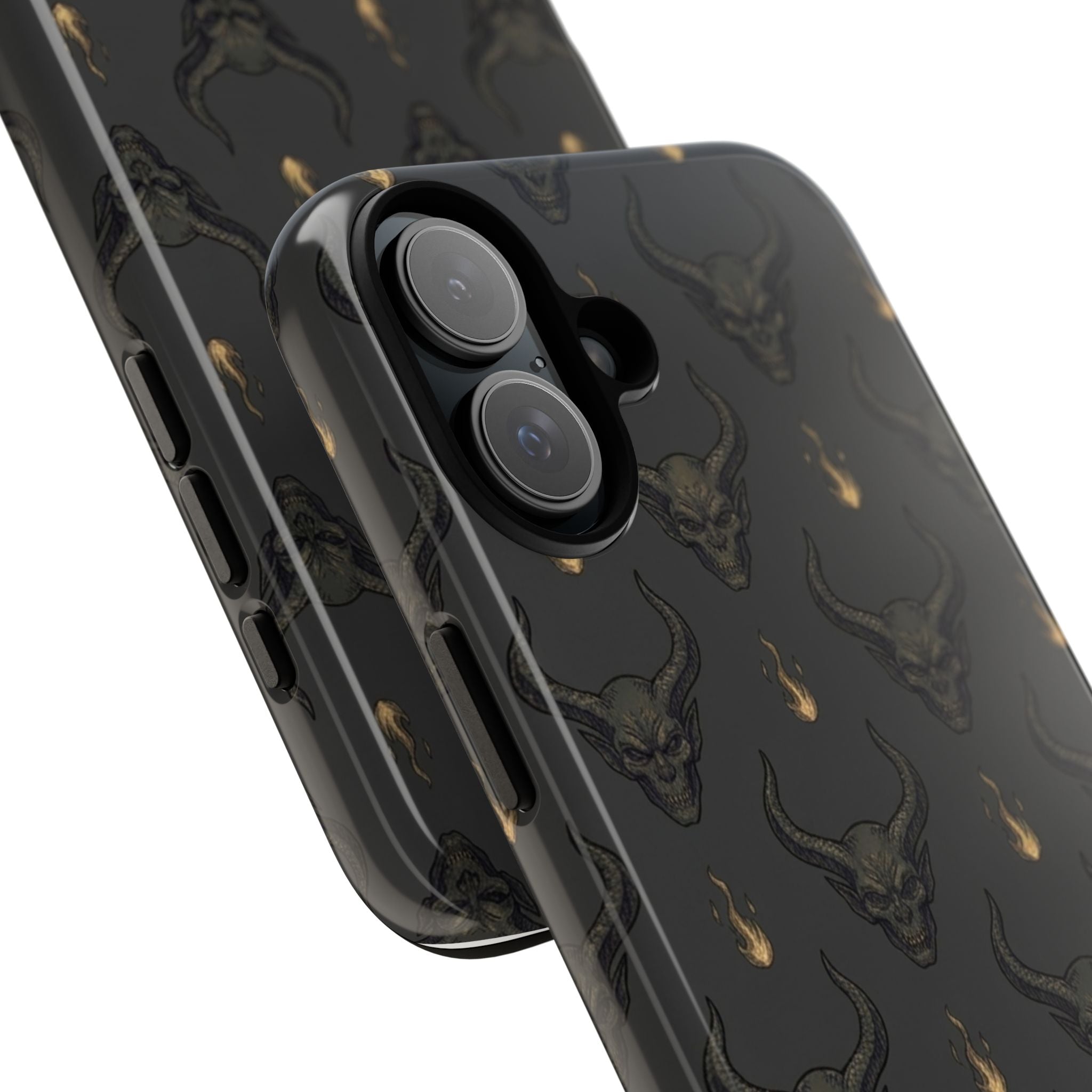 Dark Skull Pattern Phone Case — Gothic Bull Skull with Tiny Flame Accent