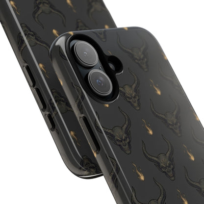 Dark Skull Pattern Phone Case — Gothic Bull Skull with Tiny Flame Accent