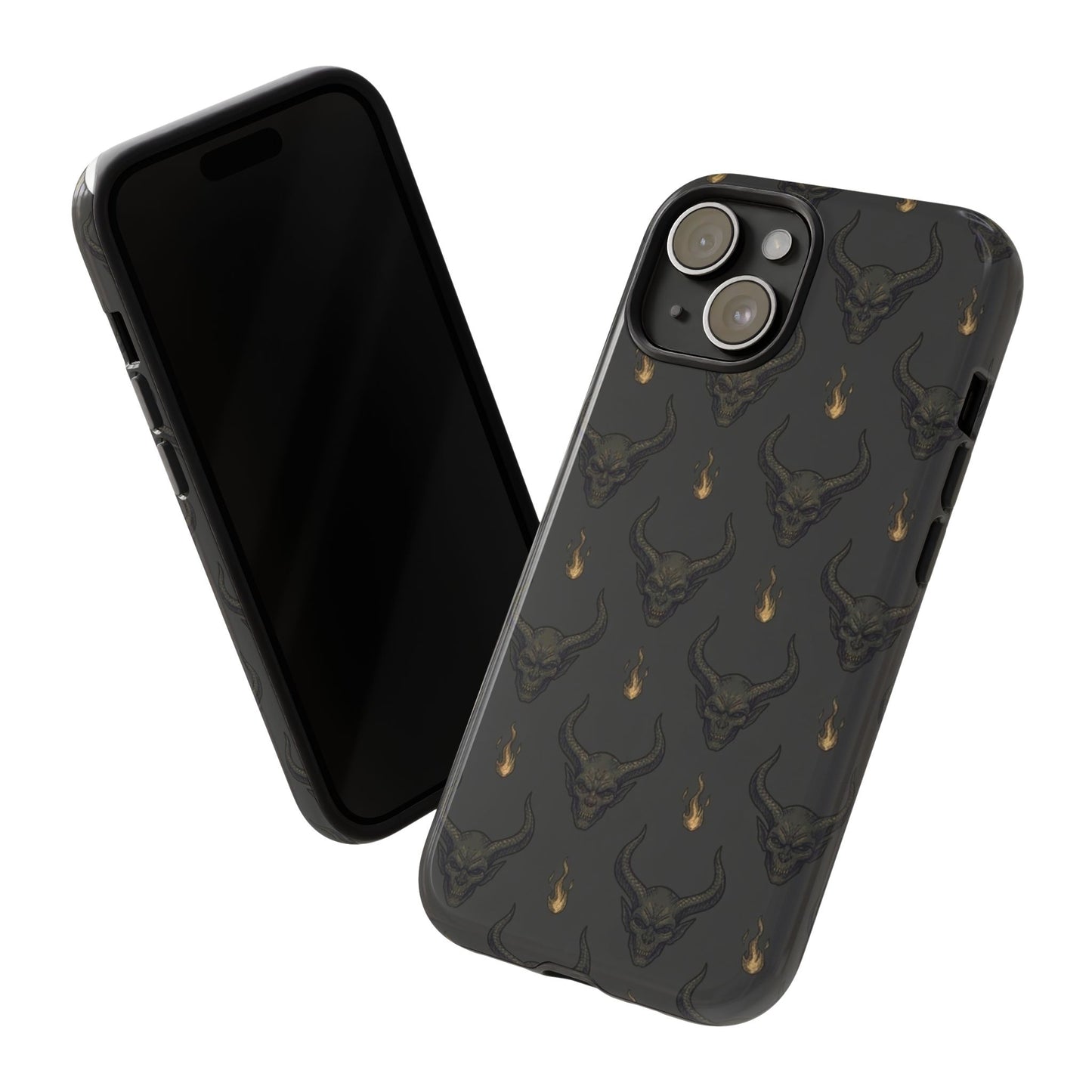 Dark Skull Pattern Phone Case — Gothic Bull Skull with Tiny Flame Accent