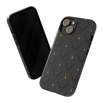 Dark Skull Pattern Phone Case — Gothic Bull Skull with Tiny Flame Accent