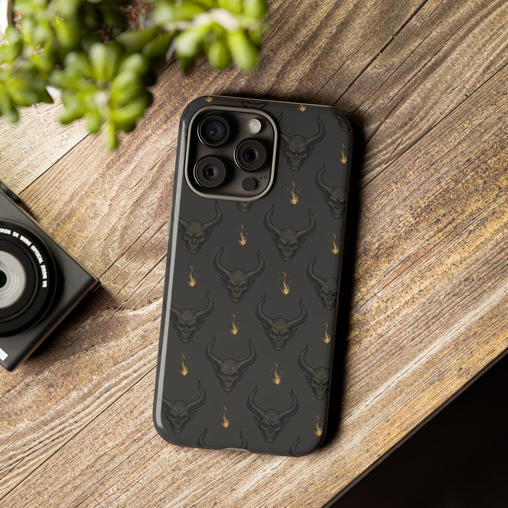 Dark Skull Pattern Phone Case — Gothic Bull Skull with Tiny Flame Accent