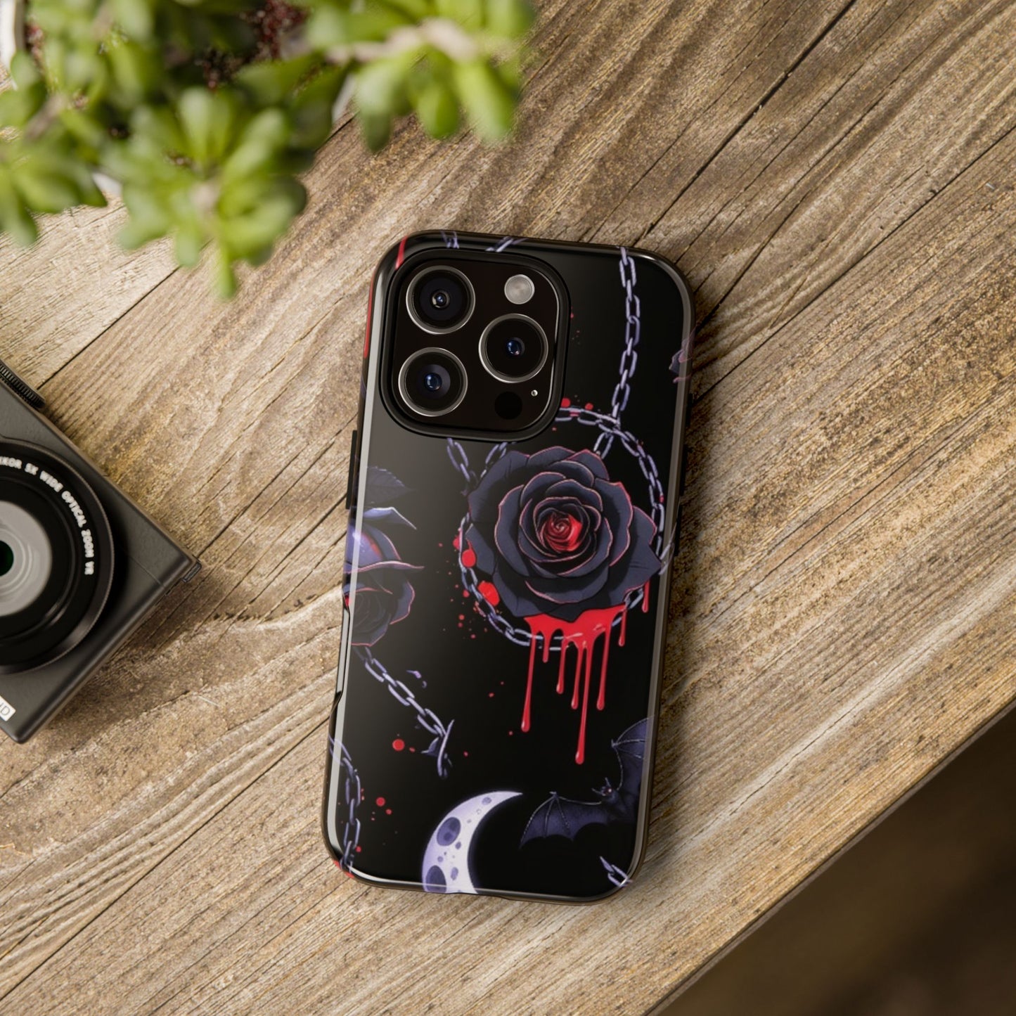 Phone Case — Gothic Dripping Black Rose & Moon Protective Case