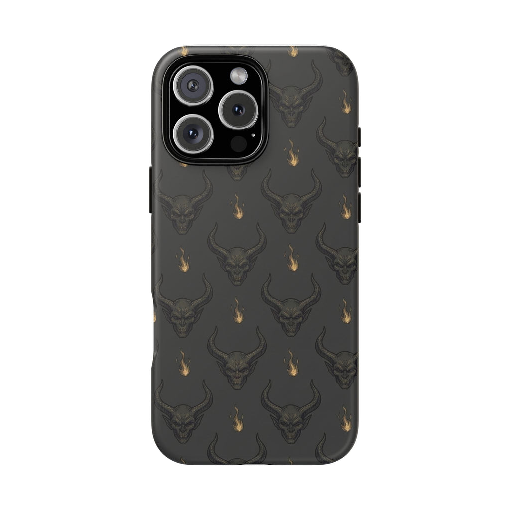 Dark Skull Pattern Phone Case — Gothic Bull Skull with Tiny Flame Accent