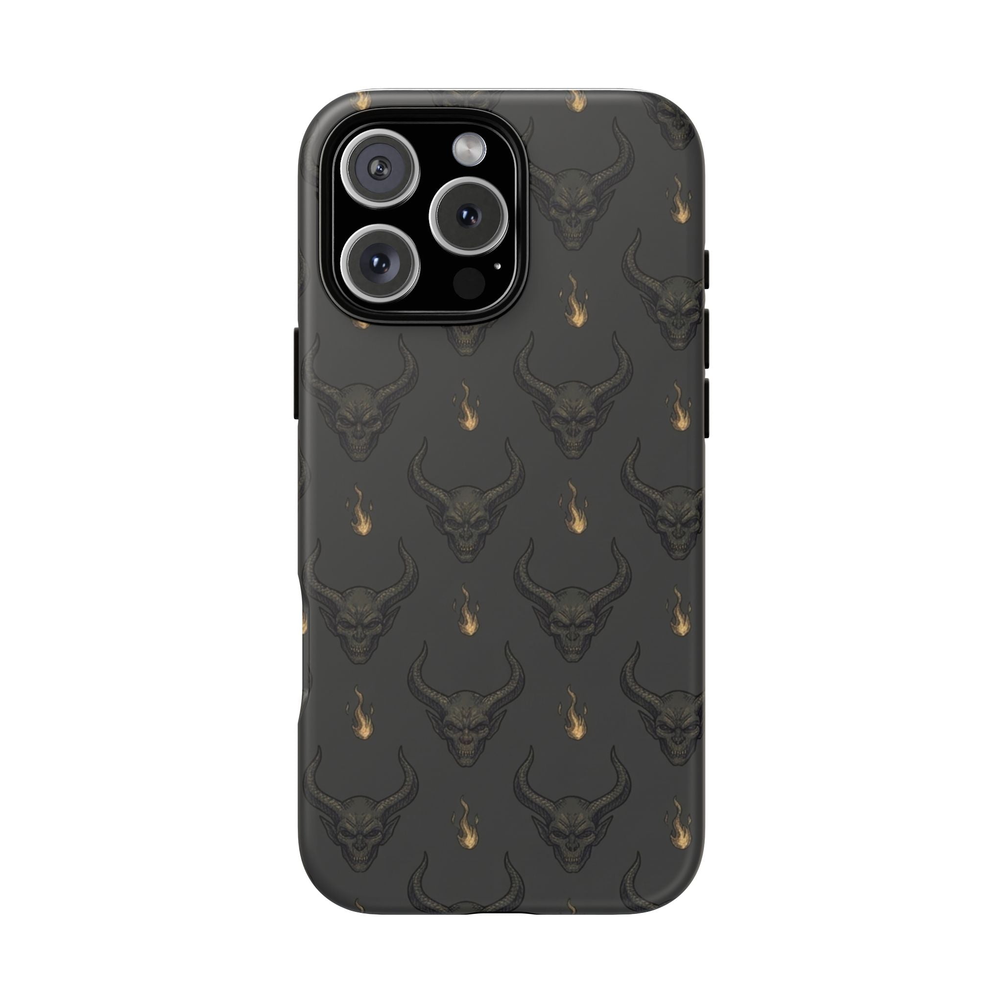 Dark Skull Pattern Phone Case — Gothic Bull Skull with Tiny Flame Accent