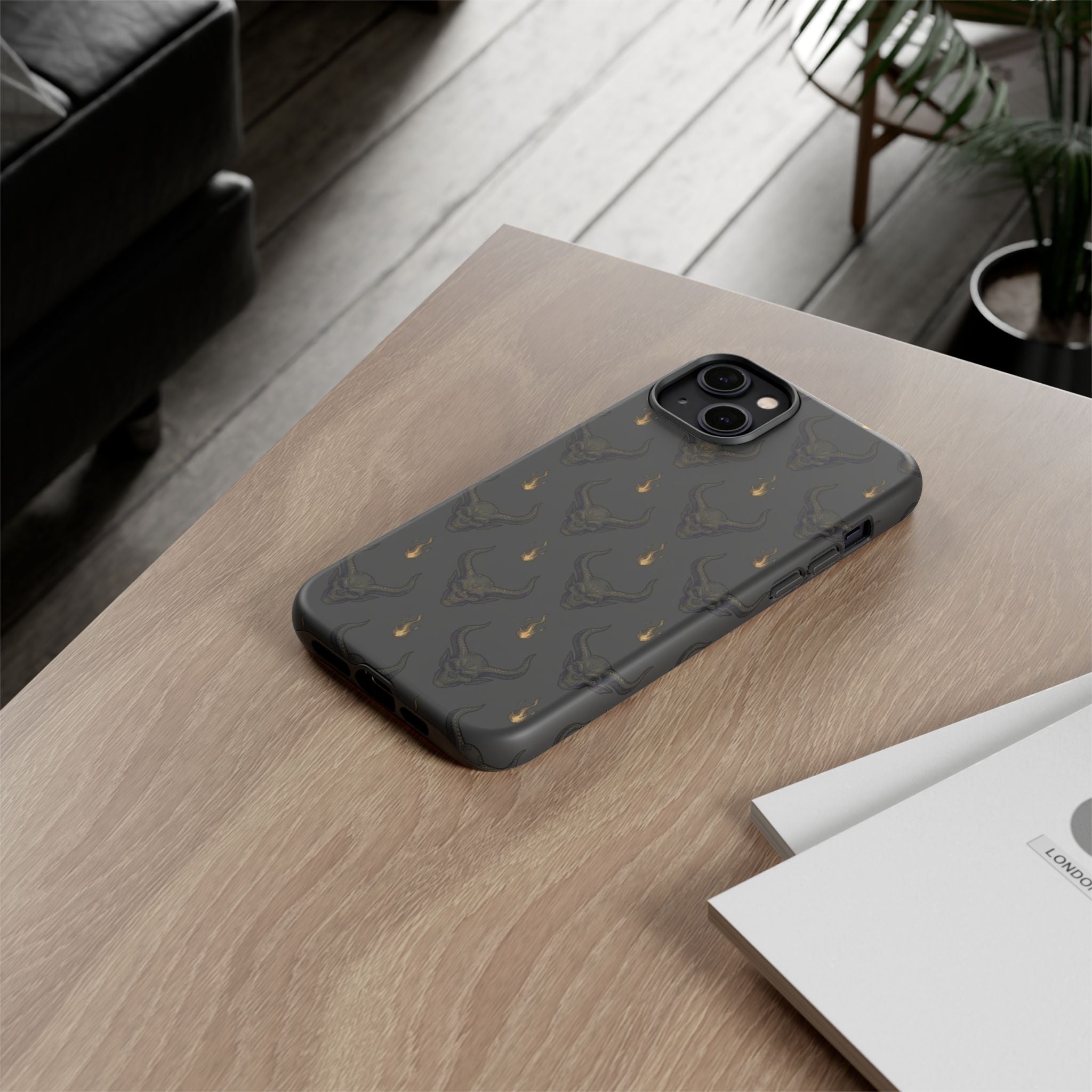 Dark Skull Pattern Phone Case — Gothic Bull Skull with Tiny Flame Accent