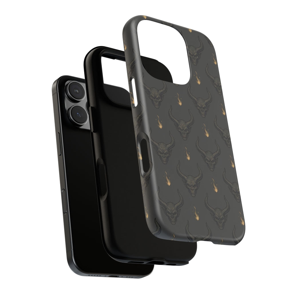 Dark Skull Pattern Phone Case — Gothic Bull Skull with Tiny Flame Accent